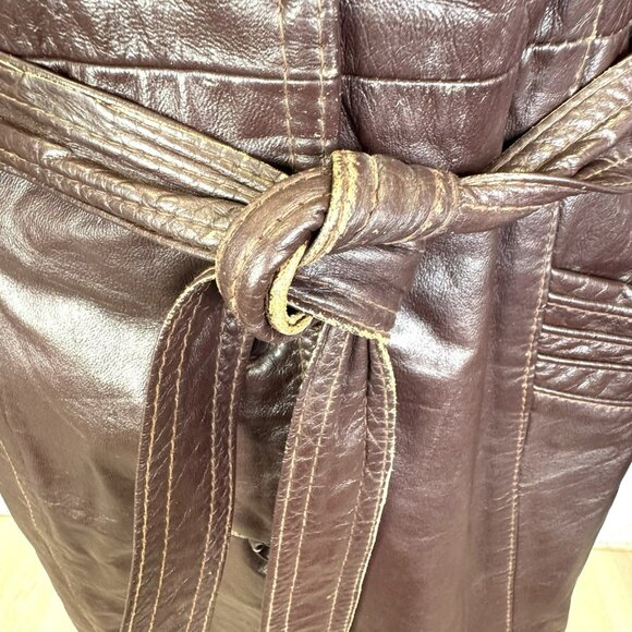 Vintage 70s Leather Trench Coat Womens Small Brown Belted Fur Trim Collar Boho - Picture 8 of 13